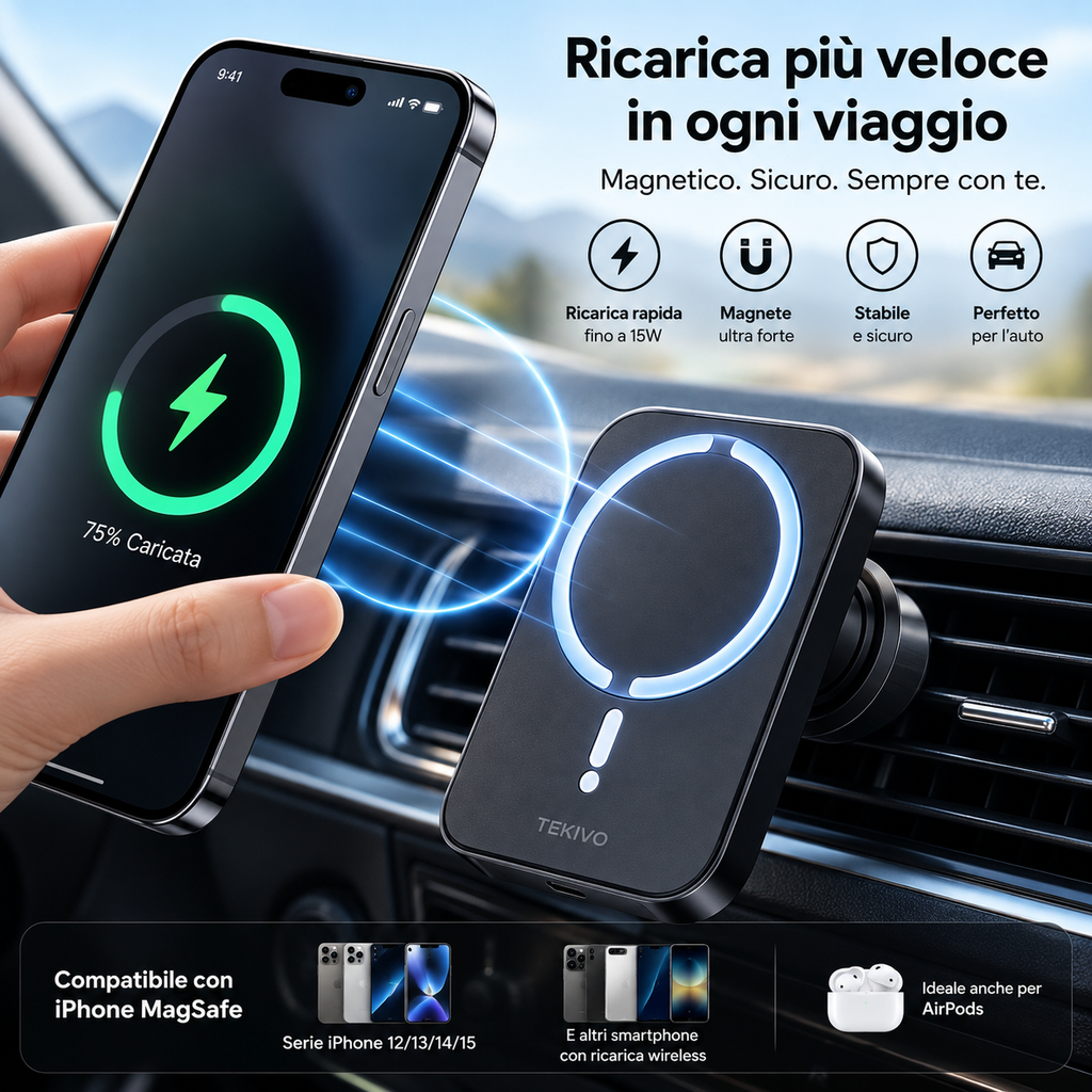 Supporto Auto Magnetico con Ricarica Wireless Qi 15W – Caricatore Rapido da Auto TEKIVO